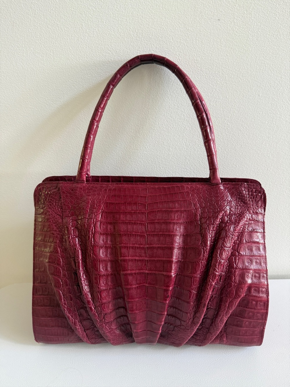 NANCY GONZALEZ Genuine Crocodile Top Handle Pleated Shoulder Bag, Burgundy